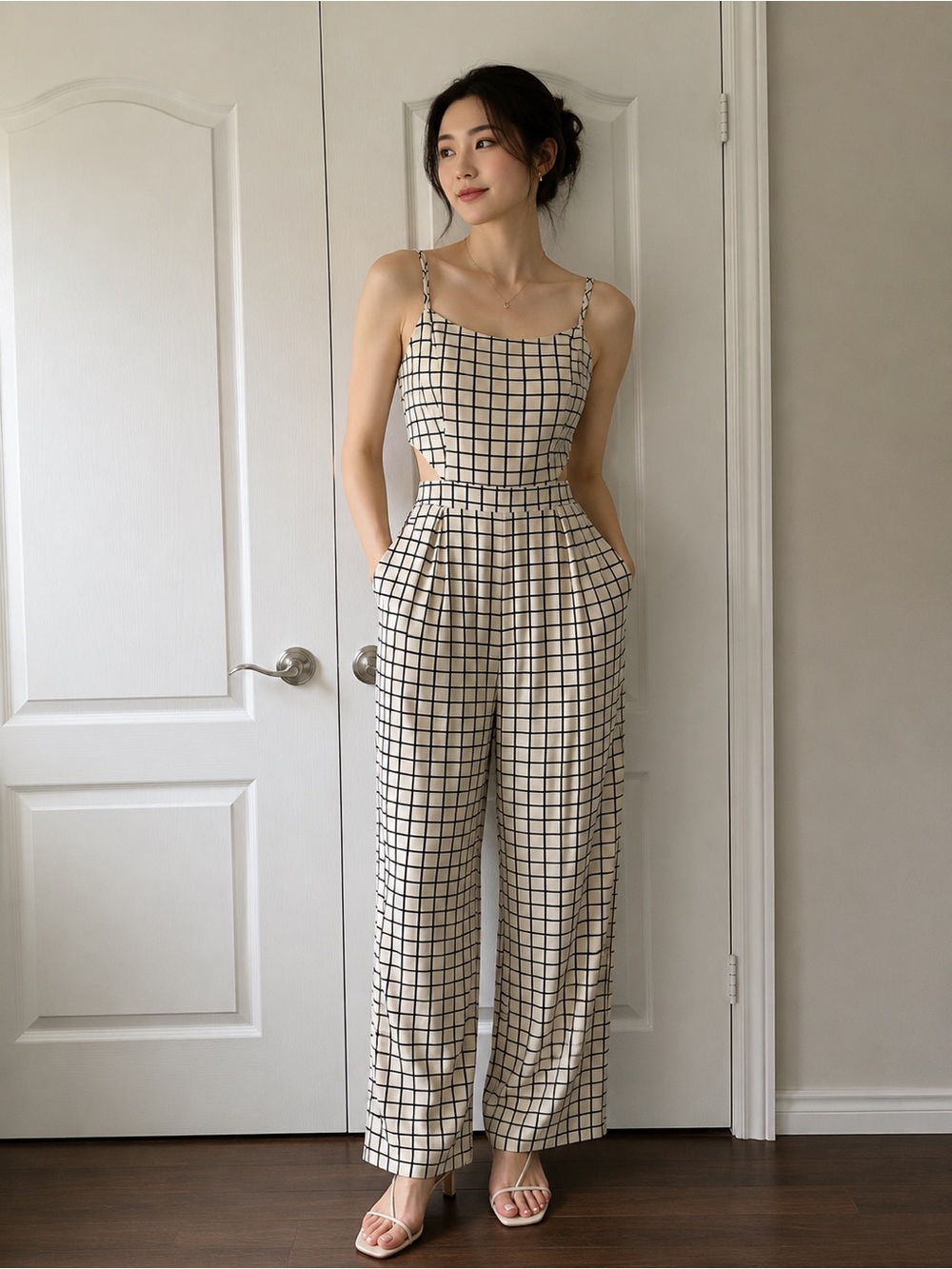 Checked Wide-Leg Jumpsuit in Cream and Black